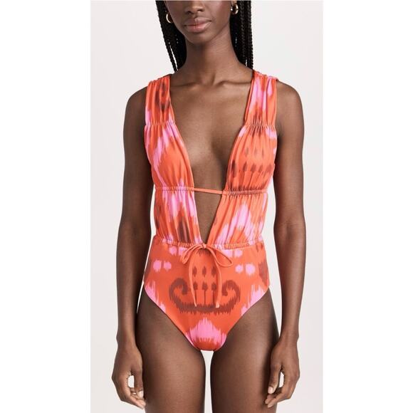 Culthera Grenadine Orange Pink Ikat Deep V One Piece Swim Medium - Picture 1 of 11